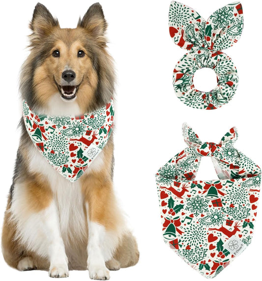 E-Clover Christmas Dog Bandanas & Matching Scrunchie Set White Green Red Dog Scarf Bibs Pet Bandana with Bow Tie for Medium Large Dogs Owner Mom Winter