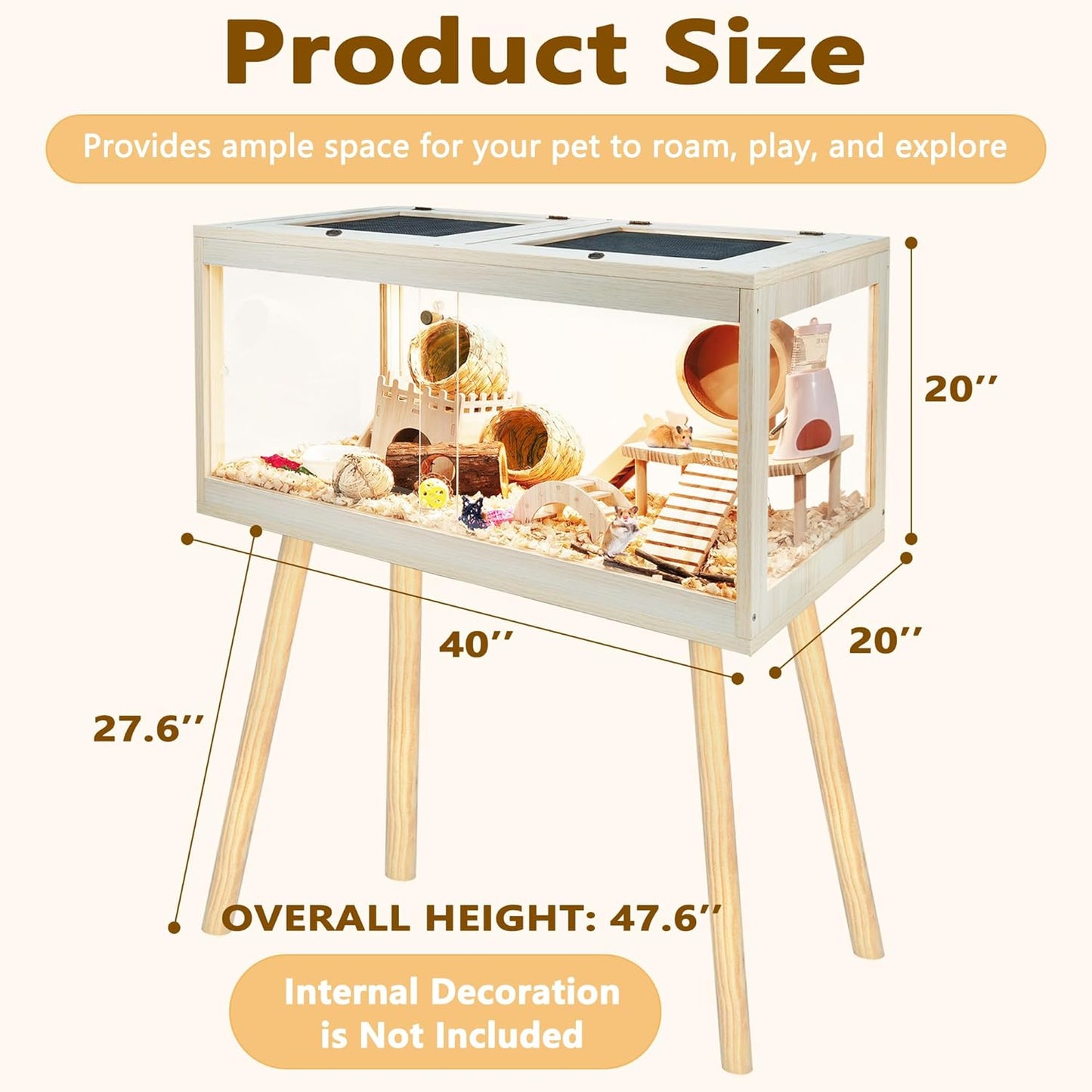 Prolee Hamster Cage Chewproof, Mice and Rat Habitat with Transparent Sides, Hamster House with Openable Mesh Top, Solid Built with Lock Design and Leg Stand, 40" Wide