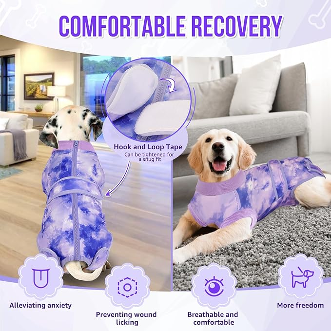 Lukovee Recovery Suit for Dogs, Zipper On Recovery Suit for Female Male Dog, Onesie Abdominal Wounds Cone E-Collar Alternative Prevent Licking Spay Recovery Suit (4XL, Purple Tie-dye)