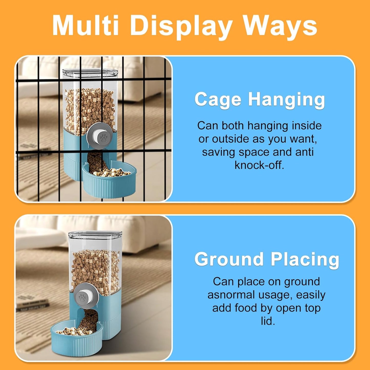 Auto Gravity Food Dispenser for Cage Hanging, 41OZ Capacity Hanging Automatic Pet Cage Feeder, Food Bowl for Cats Dogs Rabbit Ferret Chinchilla Bird Hedgehog Guinea Pig (Blue)