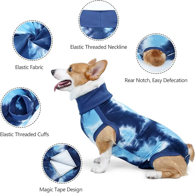 Breathable Dog Recovery Suit for Medium Large Dogs Onesie Tie Dye Pjs for Abdominal Wounds,Shedding, Prevent Licking S Blue2