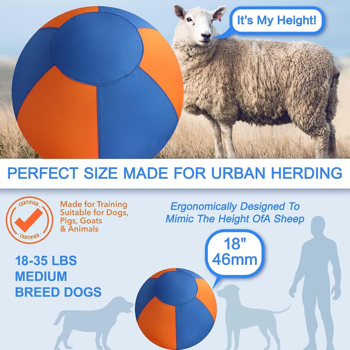 Herding Ball for Dogs 18" - Durable Waterproof Dog Toy, Dual-Layer Large Interactive Pet Play Ball for Australian Shepherds, Cattle Dogs, Collies, and All Herding Breeds (Orange+Blue)
