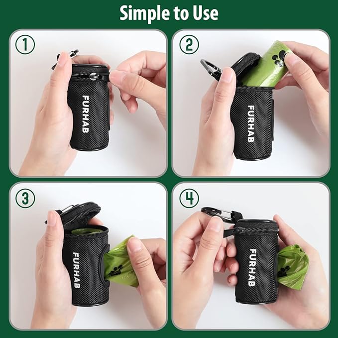 Dog Poop Bag Holder for Leash Doggie Waste Bag Dispenser Soft Fabric Puppy Potty Carrier Small Doggy Zipper Pouch with Carabiner Clip with 1 Roll of Pet Trash Bags, Black