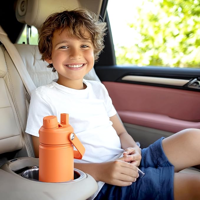 Kids Insualated Water Bottle with Straw - 12oz Stainless Steel Water Bottle with Dual Spouts, Leak-Proof, BPA-Free, Double Wall Vacuum Keeps Cold for 24 Hours for Sports, Travel (Moderate Orange)