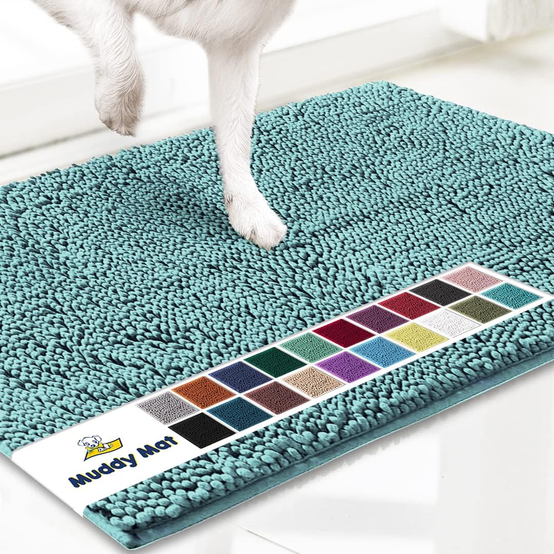 Muddy Mat® Shown on TV–Super Absorbent Microfiber Dog Door Mat for Muddy Paws, Non-Slip Washable Pet Rug, Quick Dry Chenille Entryway Carpet, Machine Washable Indoor Outdoor mat–Seafoam Green 28"x18"
