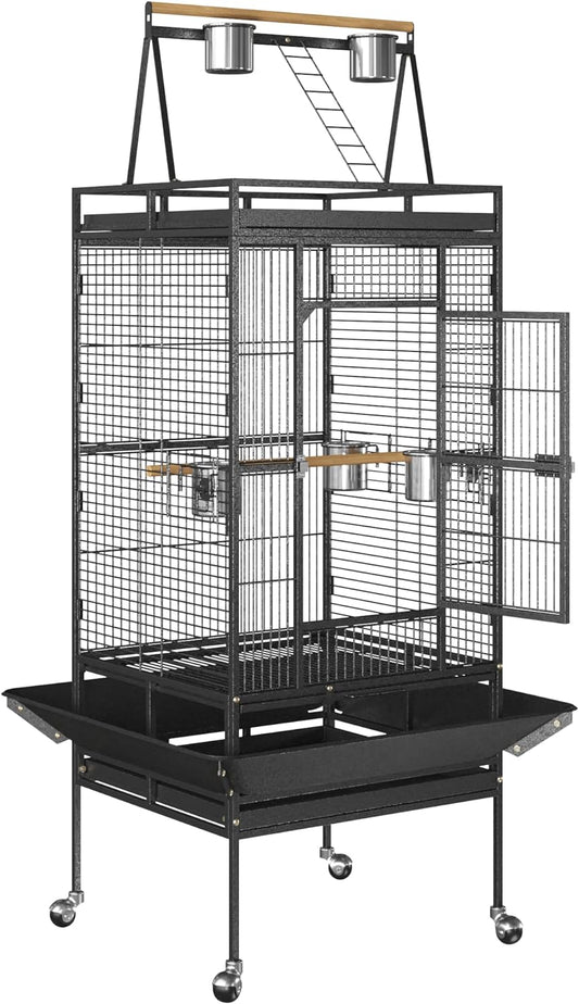 ZENY 68-Inch Birdcage, Playtop Parrot Cage, Wrought Iron Bird Cage with Rolling Stand, Heavy-Duty Pet Bird House for Parrot Cockatiel Cockatoo Parakeet Macaw Finches, Black