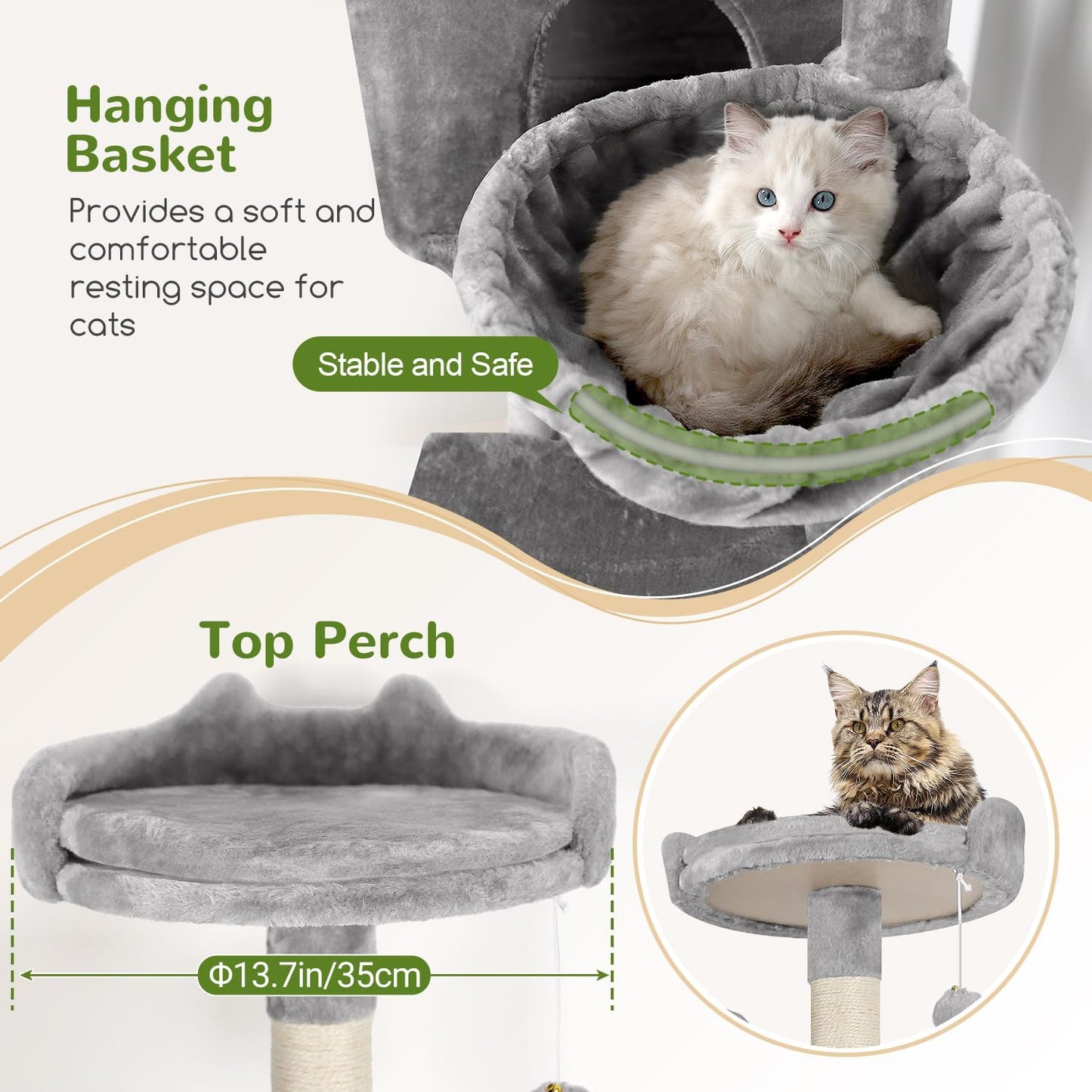 Globlazer Cat Tree, 70 inch Tall Scratching Tower Multi-Level Cat Condo for Indoor Multiple Cats with 2 Large Cat Caves, Top Perch, Large Platform, Bottom Swing, F70B, Light Grey