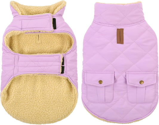Queenmore Warm Dog Coat, Cold Weather Puffer Dog Coat Vest, Quilting Winter Pet Jacket Ultra Thick Plush Fleece Lining Pet Clothes for Dogs with Storage Pockets (Lilac,Large)