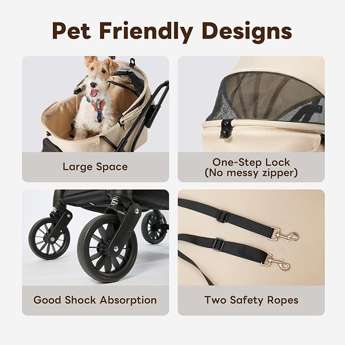 【One-Pull Open Ver.】 PETTENA Dog Stroller for Small Dogs, One-Touch Foldable Dog Stroller for Small/Medium Dogs Cats up to 44 Lbs, Khaki
