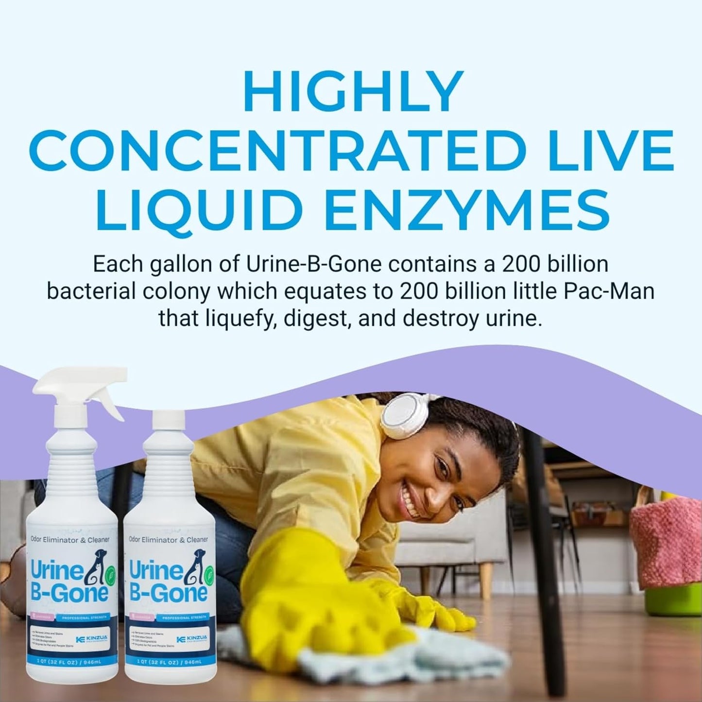 KINZUA ENVIRONMENTAL Urine B-Gone, Professional Enzyme Odor Eliminator & Pet Stain Remover, Human, Cat & Dog Urine Cleaner, Effective on Laundry, Carpets & More, Lavender Scent, 32oz, Pack of Two
