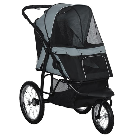 PawHut 3 Wheels Pet Stroller for Small and Medium Dogs, Foldable Cat Stroller Jogger with Adjustable Canopy, Safety Tether, Cushion, Storage Basket, Gray