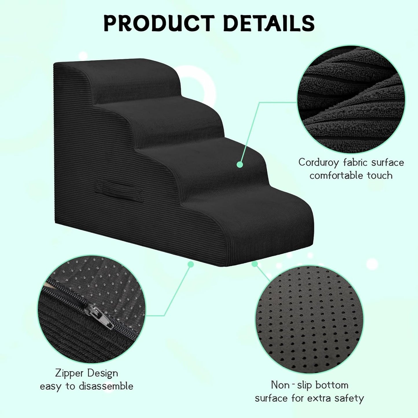 Dog Steps for Small Dogs, 3-Step Pet Ramp Stairs for High Beds and Sofa, Non-Slip Pet Stairs for Small Dogs and Cats, Removable and Easy to Clean Cover, Black