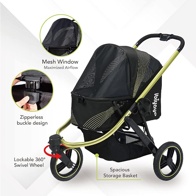 ibiyaya The Beast Pet Jogging Stroller for All Terrains, 3-Wheel Dog Carrier with Double Breaks, Zipperless Large Stroller for Running & Hiking, Multiple Small Dogs, Medium Dogs, or Cats (Jet Black)
