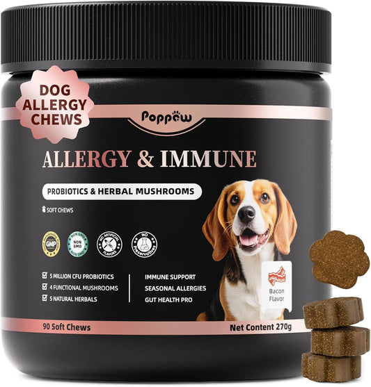 Dog Allergy Chews, Probiotics Supplement for Dogs Seasonal Allergies & Immune Support & Gut Health Pro, Mushroom Soft Chews for Joint, Energy, Itching Skin Support, Bacon Flavor - 90 Count