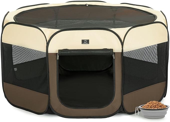 A4Pet Dog Playpen Indoor, 49” Pet Playpen with Bowl for Dogs, Kittens, and Small Animals, Removable Zipper & Mesh Panel(19”W × 12”H)