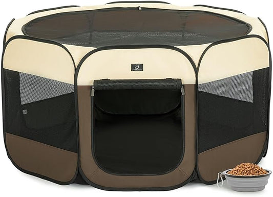 A4Pet Dog Playpen Indoor, 49” Pet Playpen with Bowl for Dogs, Kittens, and Small Animals, Removable Zipper & Mesh Panel(19”W × 12”H)