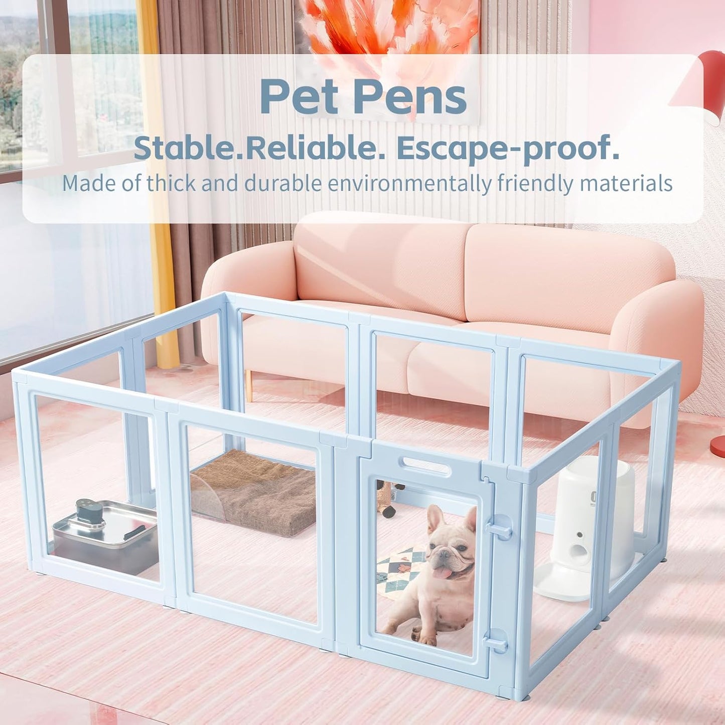 DIY Clear Acrylic Dog Playpen House,Quick Easy Assembly and Disassembly,Strong Floor Suction,Indoor and Outdoor Use,Easy Cleansing Puppy Fence (Sky Blue, 23.6" H, 10PCS)