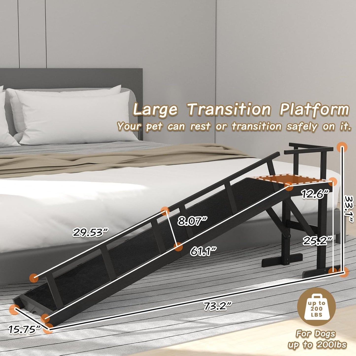 73" Dog Ramp for Bed, Pet Ramp with Removable Side Rail and Non-Slip Surface, Pet Ramp for Small & Large & Senior Dogs with Rest Platform and DIY Glow Strips,Dog Stairs for Couch, Black