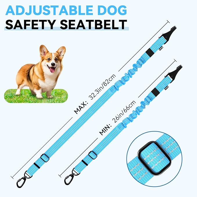 Pawaboo Dog Seatbelt for Car, 3-in-1 Dog Seat Belt Bungee, Shockproof Dogs Tether for Car with Buckle & Hook Latch, Adjustable Reflective Dogs Cars Harness Leash with 360° Lockable Buckle, Blue