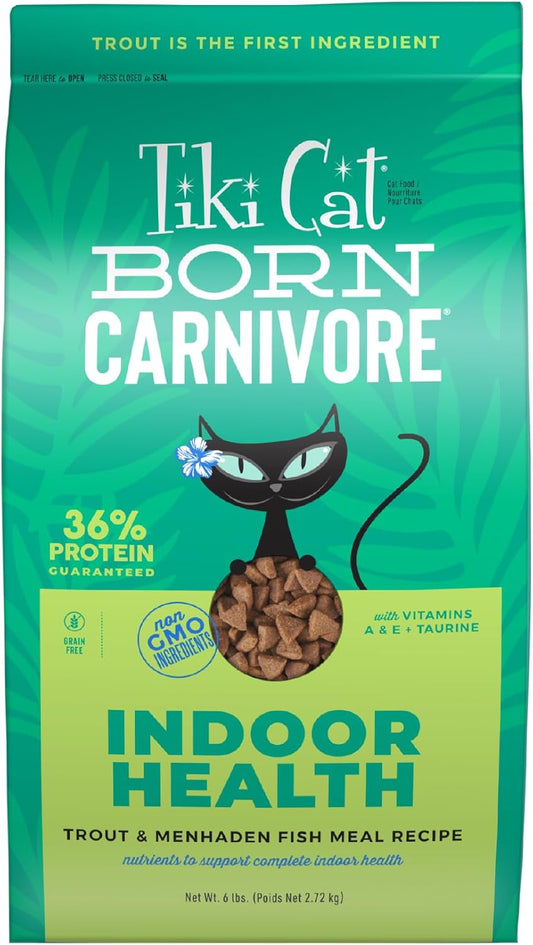 Tiki Cat Born Carnivore Indoor Health, Trout & Menhaden Fish Meal, Grain-Free Baked Kibble to Maximize Nutrients, Dry Cat Food, 6 Lbs. Bag