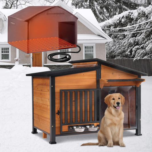 Chew-Resistant Dog House with Metal Frame, Wooden Kennel for Indoor & Outdoor Use, Waterproof Roof & Feeding Bowls Included (Wood, L-in)