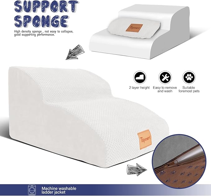 Topmart High Density Extended Foam Dog Ramp&Steps 2 Tiers,11.8" High,Non-Slip Dog Stairs,Soft Foam Pet Ladder with Waterproof Cover,Best for Injured,Older Cats,Pets with Joint Pain