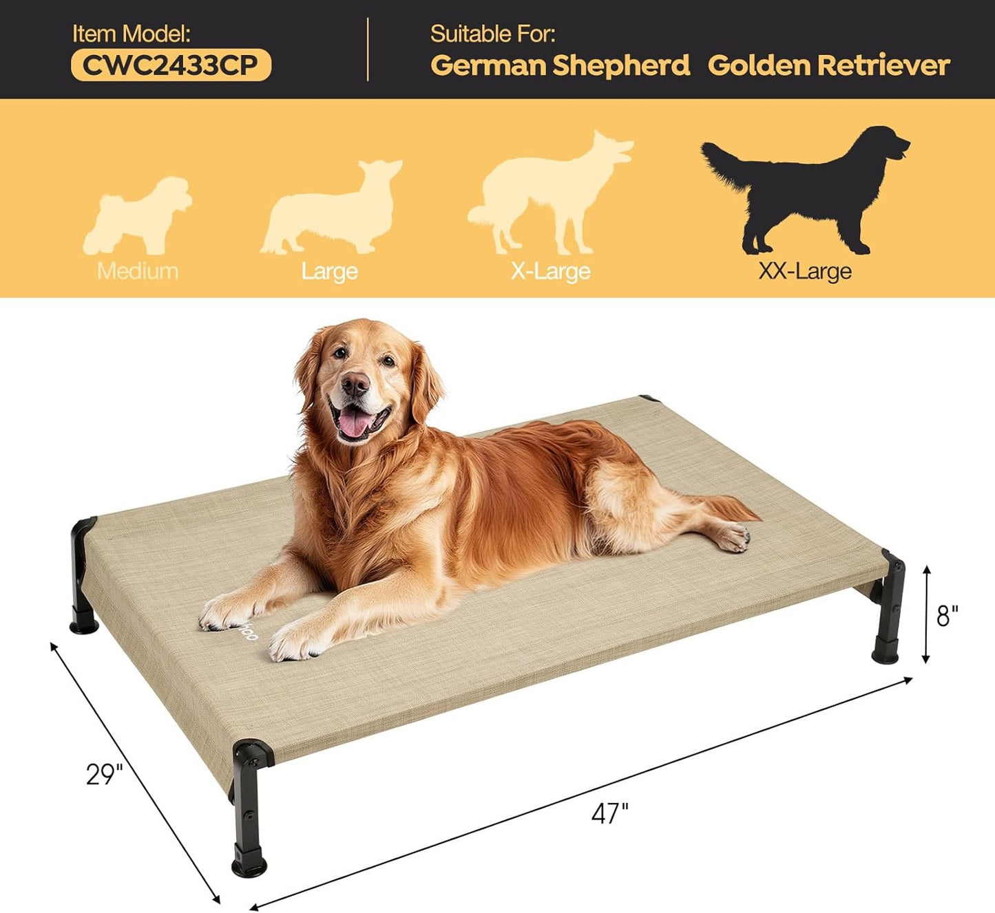 Veehoo Cooling Outdoor Dog Bed, Heavy Duty Elevated Pet Bed with Washable & Breathable Teslin Mesh, Non-Slip Silicon Feet, Dog Cot Bed with Support Hem, 47" x 29", Beige Coffee, CWC2433