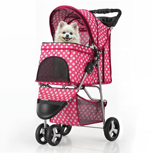 MoNiBloom 3 Wheels Pet Dog Cat Stroller for Small Medium Dogs Cats, Foldable Jogger Stroller w/Storage Basket and Cup Holder, Hot Pink Polka Dots