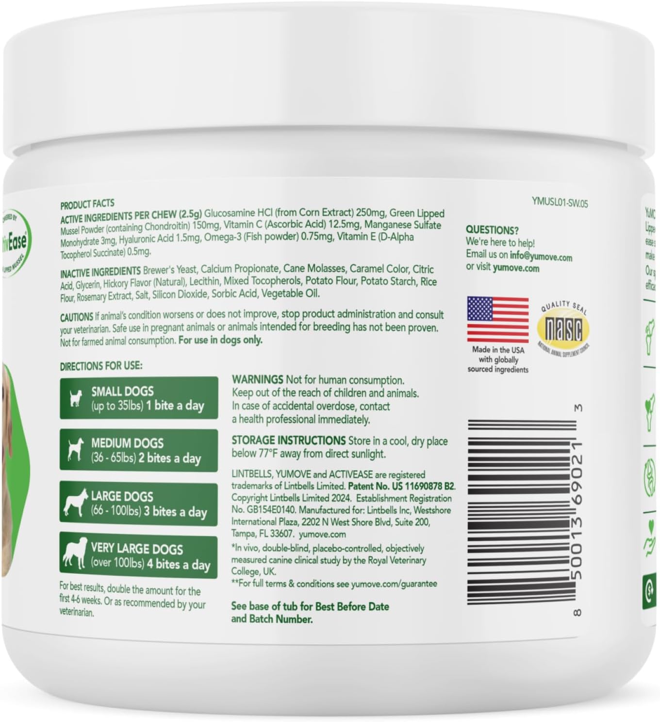 Yumove Dog Joint Supplement, Hip and Joint Supplement for Dogs with Glucosamine Chondroitin, Hyaluronic Acid, Green Lipped Mussel and Omega 3, Dog Hip and Joint Aches and Stiffness (150 Tasty Bites)