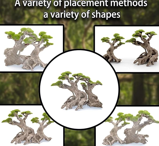 Novelsite Fish Tank Decor- Bonsai Trees with Faux Moss- Aquarium Rocks Aquascaping- Made of Sandstone, Goldfish Betta Fish Tank Decorations Hides Accessories