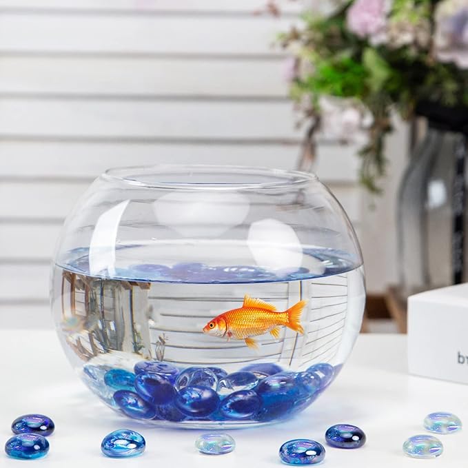 FUTUREPLUSX 1LB Iridescent Flat Glass Marbles, Blue Mixed Glass Beads Vase Fillers Decorative Gem Pebbles Sparkling Floral Fish Tank Rocks for Vases Table Scatter Aquarium Decor DIY Craft