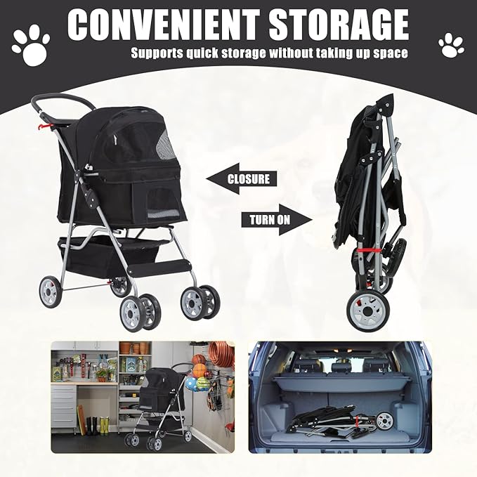 Pet Stroller 4 Wheels Dog Cat Stroller for Small Medium Dogs Cats Foldable Puppy Stroller with Storage Basket and Cup Holder,Black