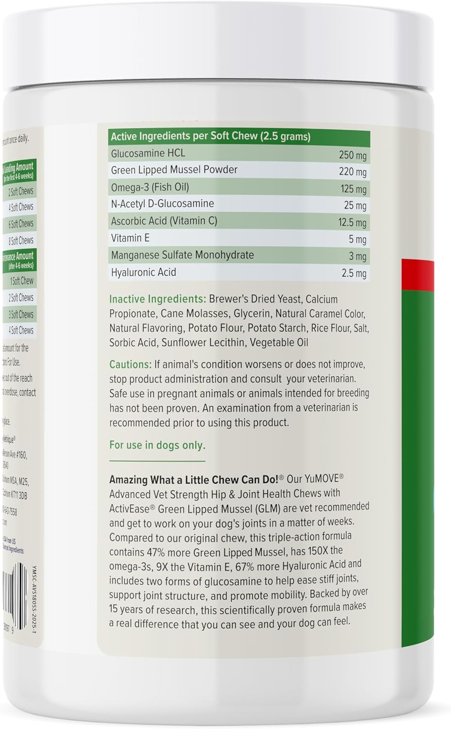 Yumove Hip & Joint Supplement for Dogs with Glucosamine, Hyaluronic Acid, Green Lipped Mussel & Omega 3 Joint Supplement - Regular or Advanced Strength (180ct, Advanced Vet Strength Soft Chews)