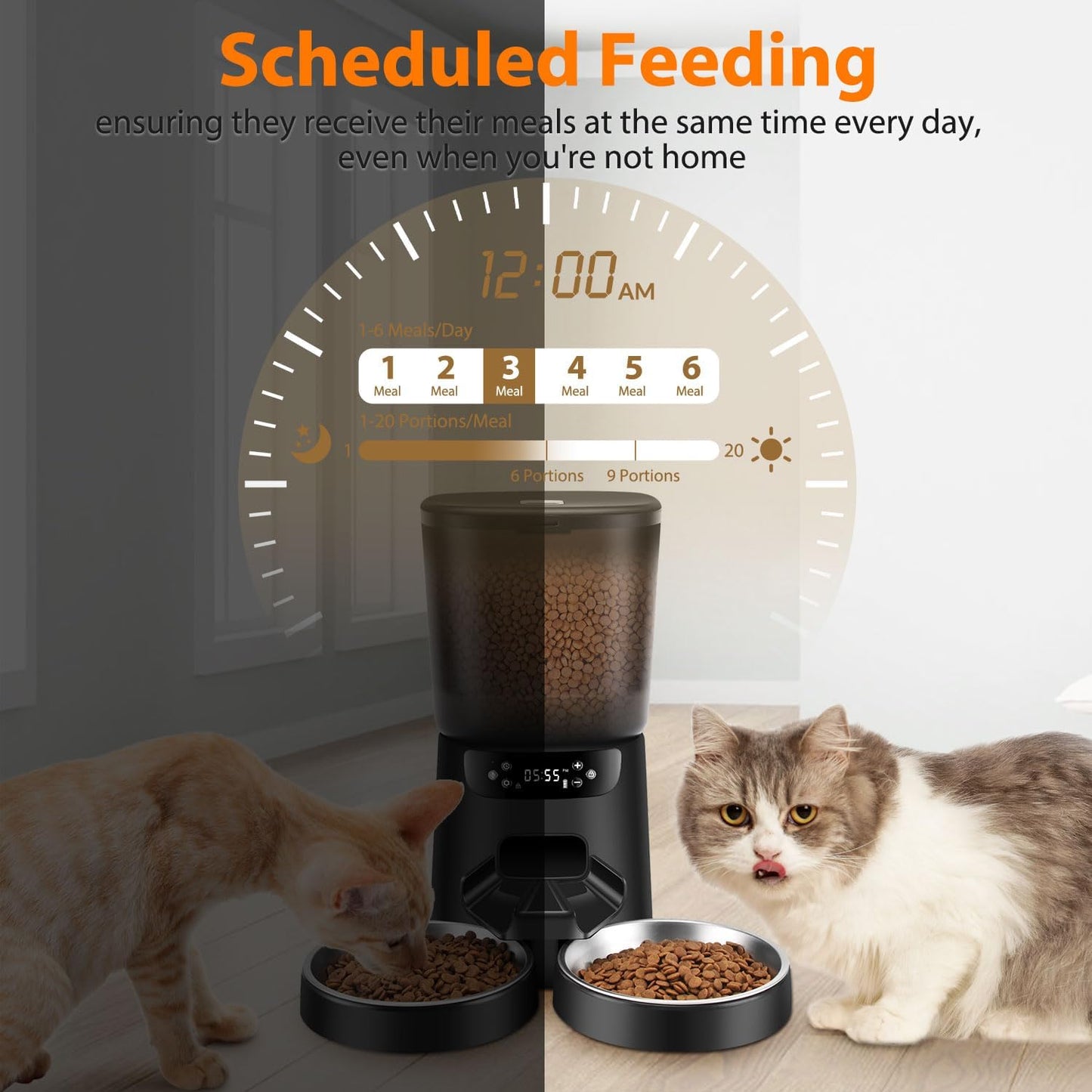 Automatic Cat Feeders for Two Cats, 5L/20 Cups Double Automatic Cat Food Dispenser with 2 Stainless Bowls, Timer Setting 20 Portions 6 Meals Per Day, 10s Meal Call, Pet Feeder for Dog (Black)
