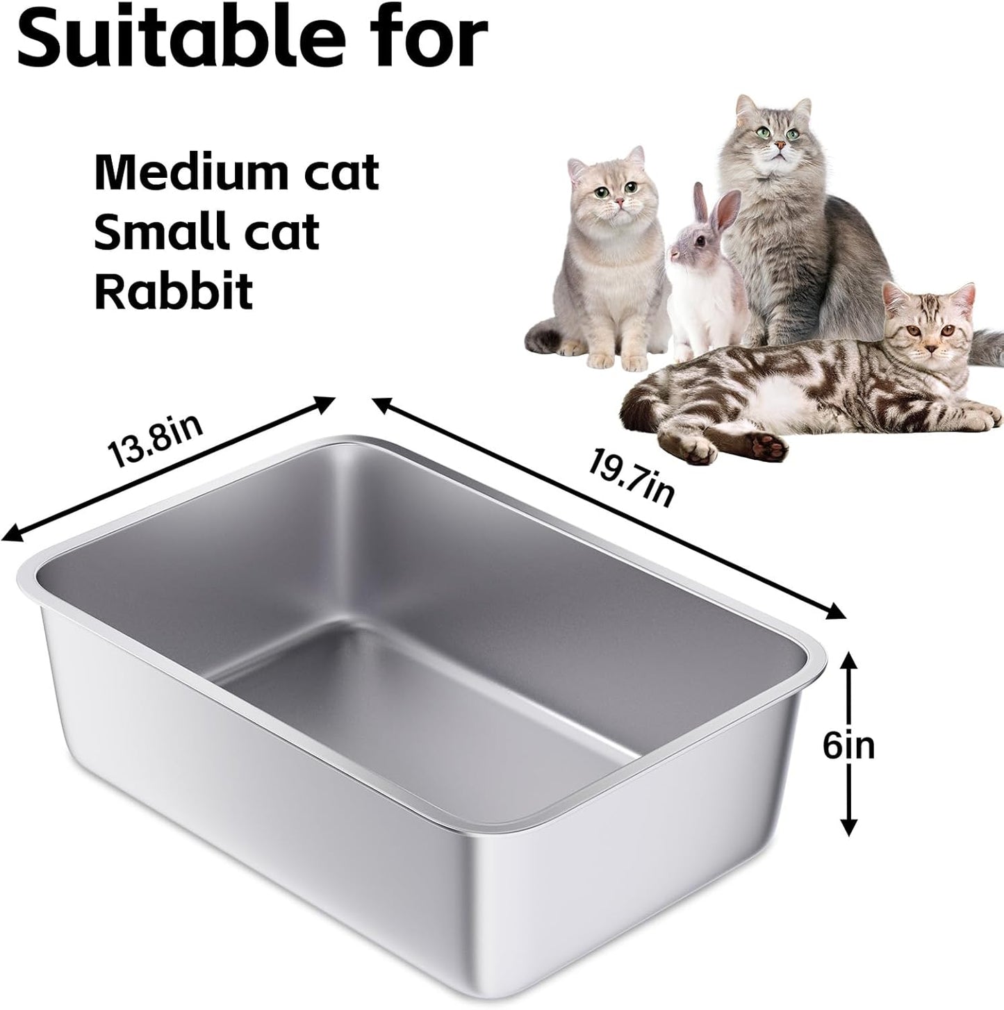 Stainless Steel Litter Box -Metal Litter Box for Big Cats,Large Stainless Steel Cat Box Easy to Clean, Cat LitterBox Pet Toilet-High Sided for Kitten,Kitty,Rabbits,Non Stick, No Smell