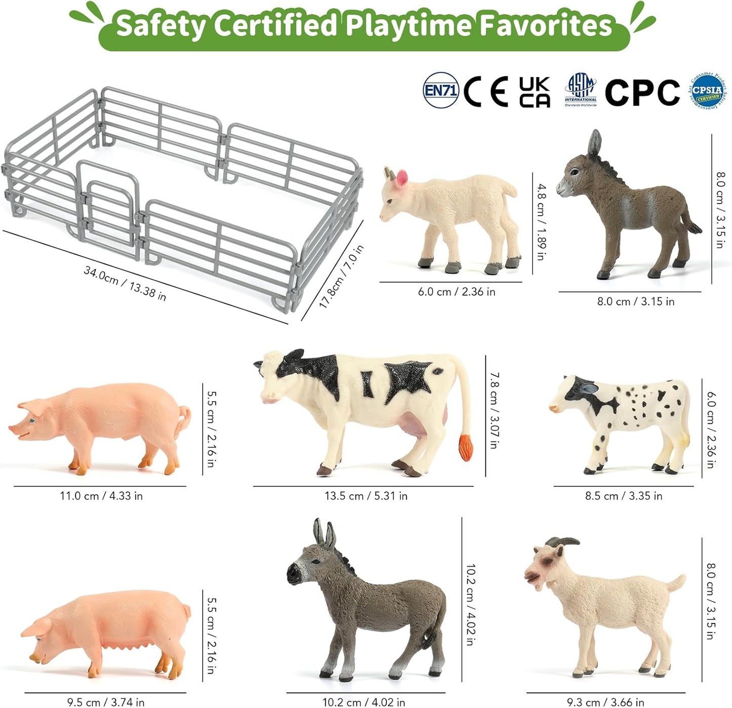 Farm Animal Toys, Realistic Farm Animal Figurines and Fence Playset, Includes Cow Pig Donkey Goat, Birthday Christmas Animal Gift Set for Kids Toddlers (Farm World)