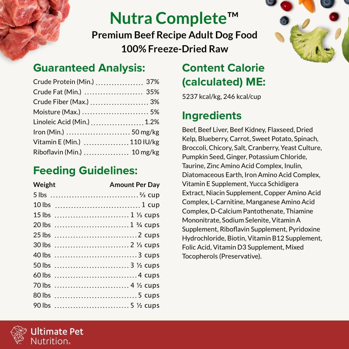 ULTIMATE PET NUTRITION Nutra Complete, 100% Freeze Dried Raw Veterinarian Formulated Dog Food with Antioxidants Prebiotics and Amino Acids (1 Pound, Beef)
