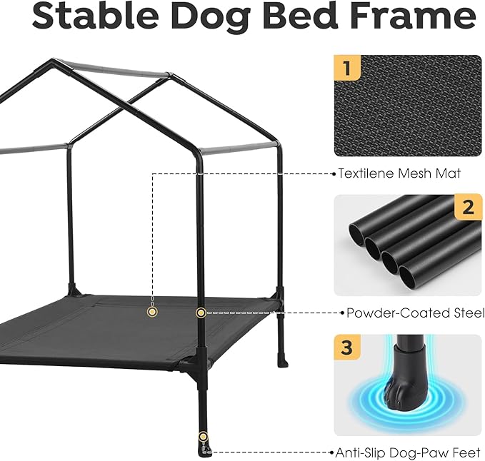 Veehoo 29" Dog House, 2-in-1 Small Dog House Outdoor Indoor Weatherproof, Outside Elevated Dog Cot Bed Dog Tent Shade, Three-Sided Breathable Mesh Windows and Sunshades, CWC2435CP