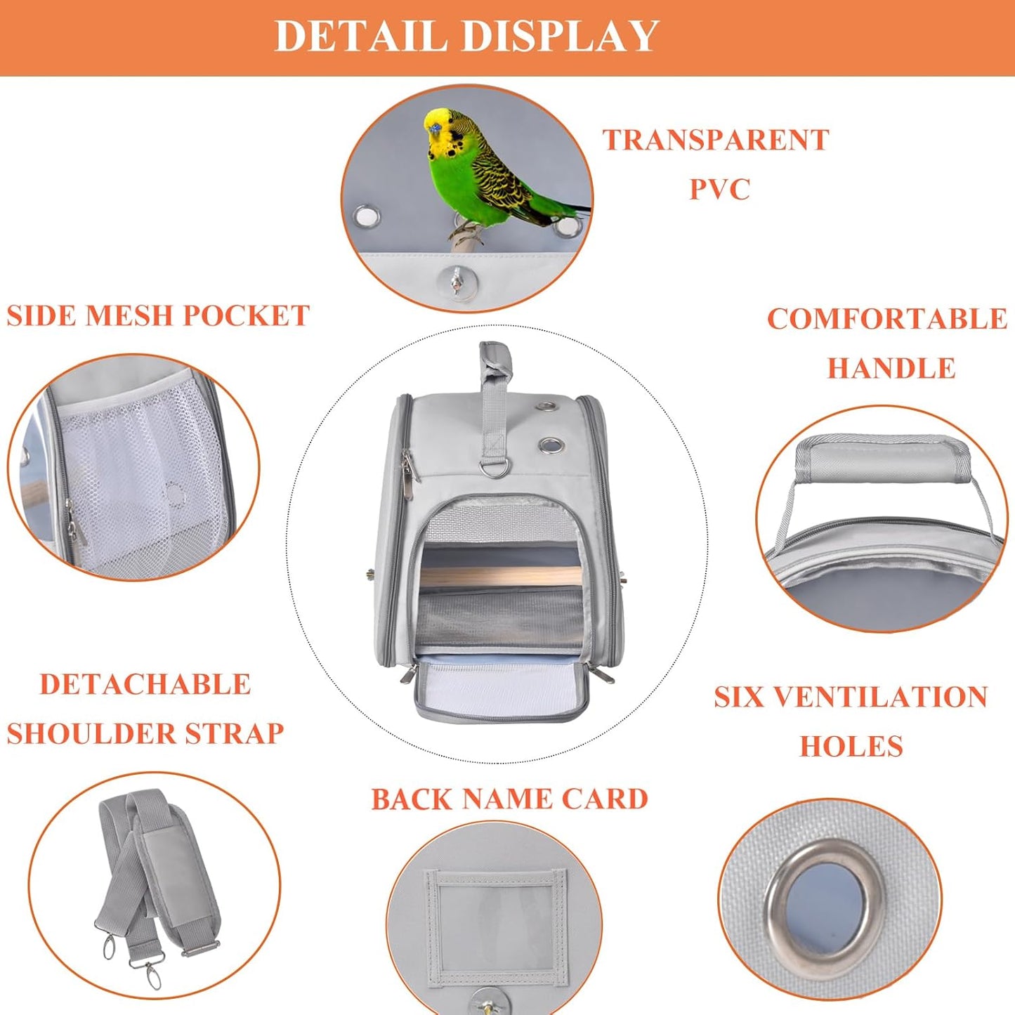 Bird Carrier Travel Cage with Stand, Small Bird Travel Carrier for Parrot with Perch, Side Access Window (Grey)
