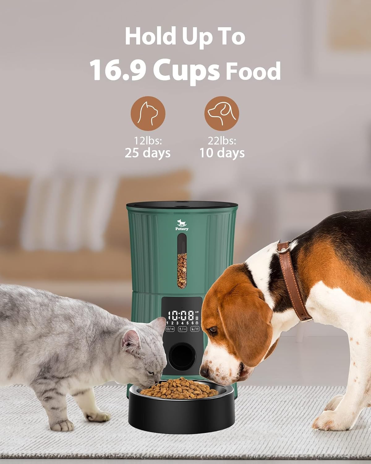 Petory Timed Automatic Cat Feeders - 4L Programable Dry Food Dispenser for Cats and Small Medium Dogs 6 Meals with Desiccant Bag Dual Power Supply 10S Voice Recorder