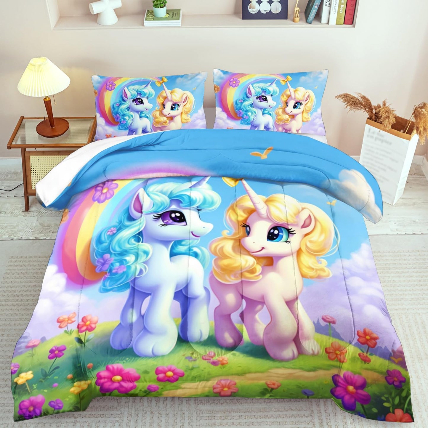 Unicorn Comforter Set King,Kawaii Unicorn Bedding Set King Kids,Rainbow Comforter Blue Bedroom Decor,Cute Animal Bedding Rainbow Bed Decor for Girls,Cartoon Blue Floral Quilt