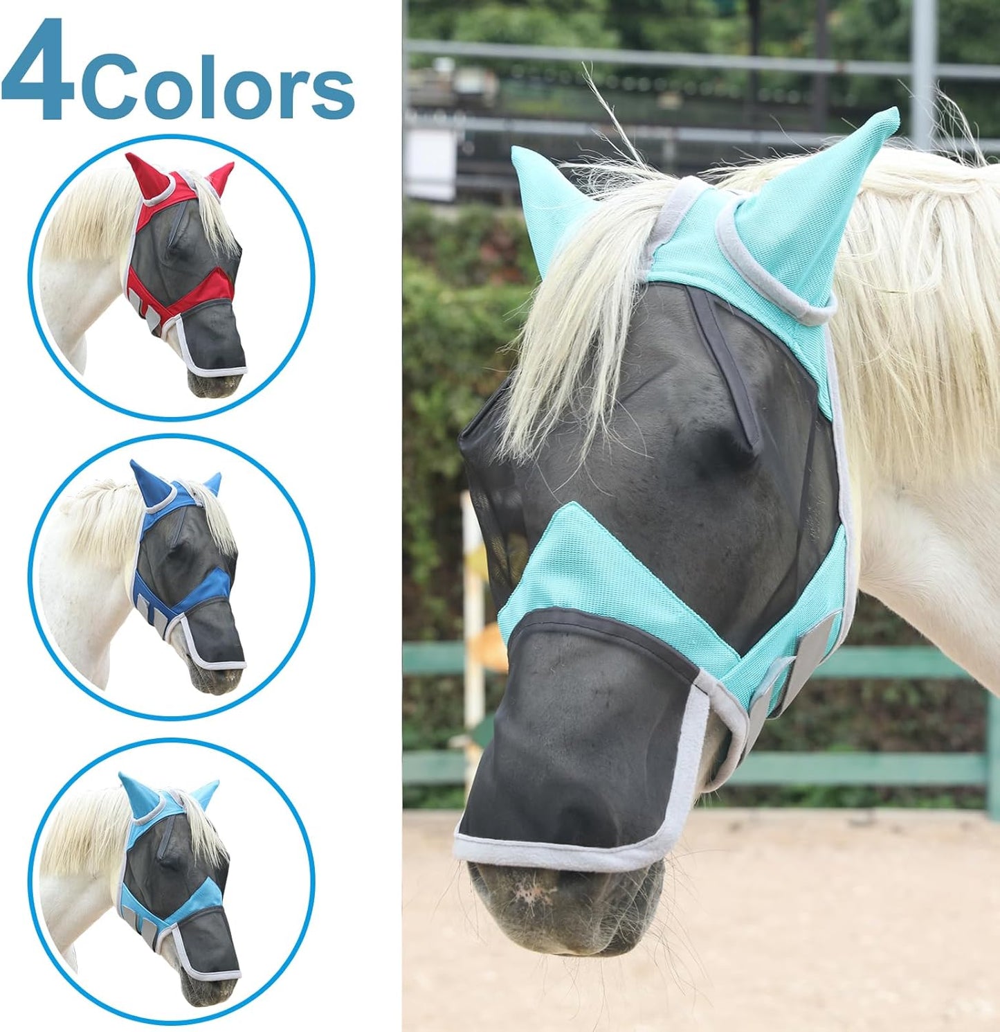 Horse Fly Mask with Ears & Long Nose Cover | Forelock Opening for Tangle-Free Mane Care | UV Protection & Breathable Mesh | No Rub Fit and Enhanced Visbility for Trail Riding Turquoise Full