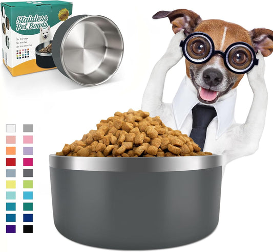 IKITCHEN Dog Bowl for Food and Water, 40 Oz Stainless Steel Pet Feeding Bowl, Durable Non-Skid Insulated Heavy Duty with Rubber Bottom for Medium Large Sized Dogs (40 Ounces/5 Cup, Grey)