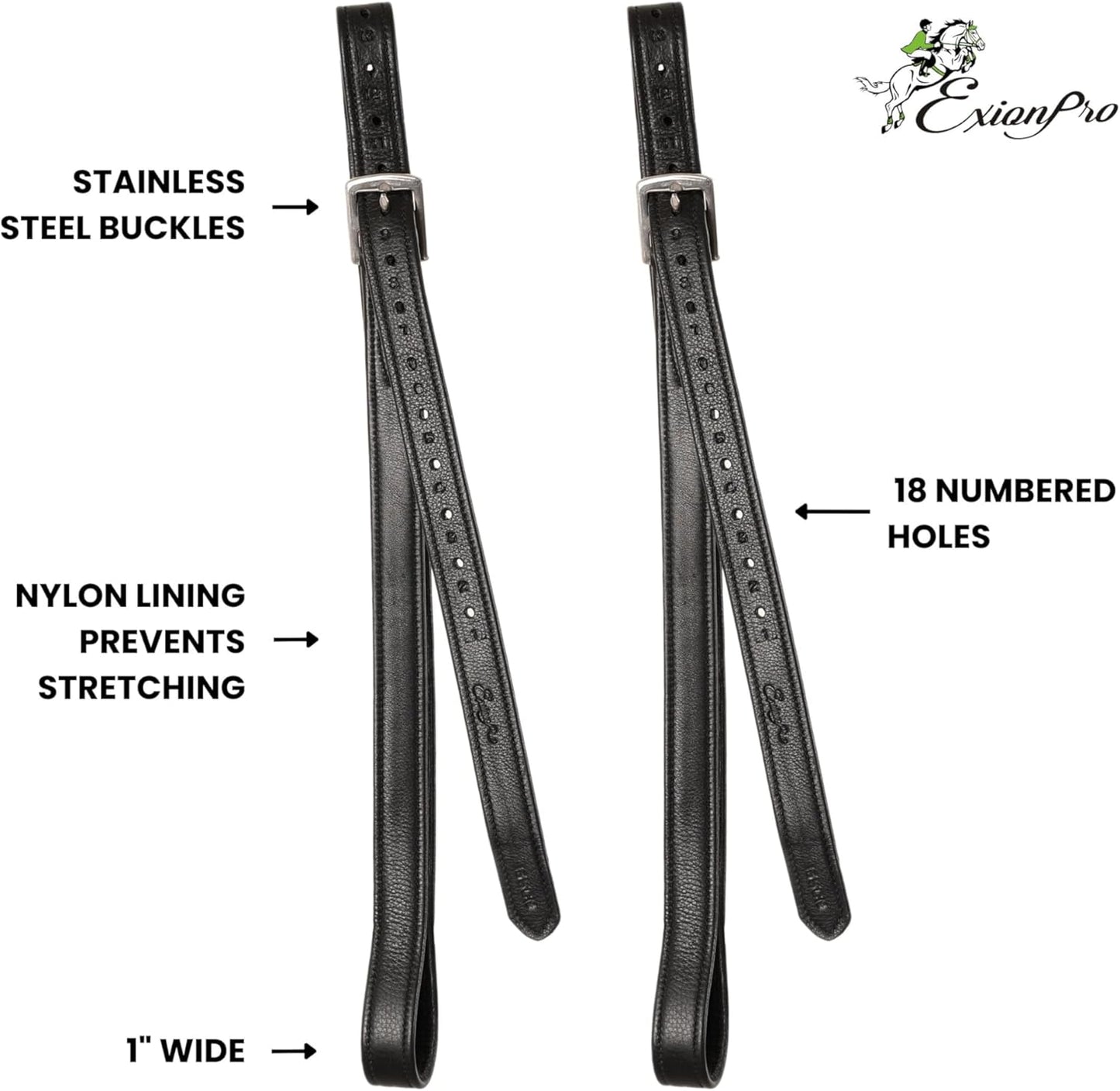 Exion FlexiStrong Stirrup Leathers for English Saddles – 1" Premium Calfskin with Nylon Core – Numbered Holes, Stainless Steel Buckles – Black/Brown – Horse Riding Gear (48"/120cm to 62"/155cm)