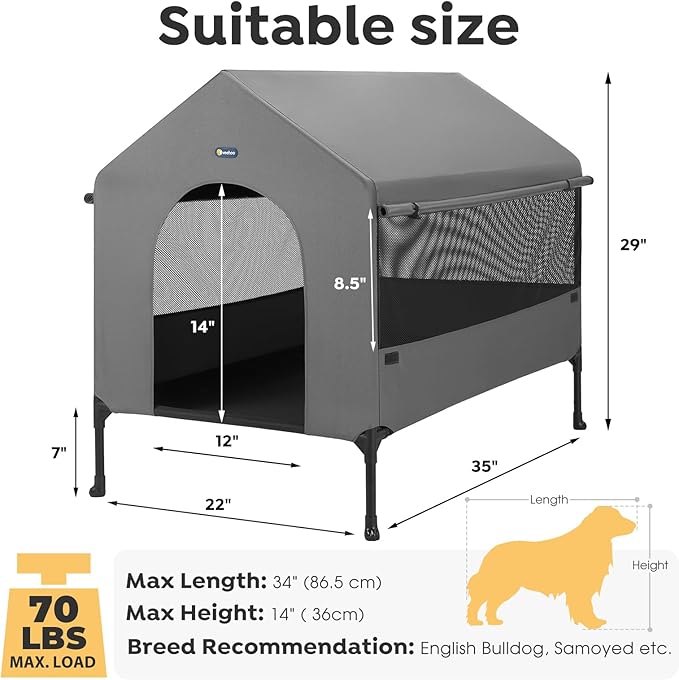 Veehoo 35" Dog House, 2-in-1 Large Dog House Outdoor Indoor Weatherproof, Outside Elevated Dog Cot Bed Dog Tent Shade, Three-Sided Breathable Mesh Windows and Sunshades, CWC2435CP