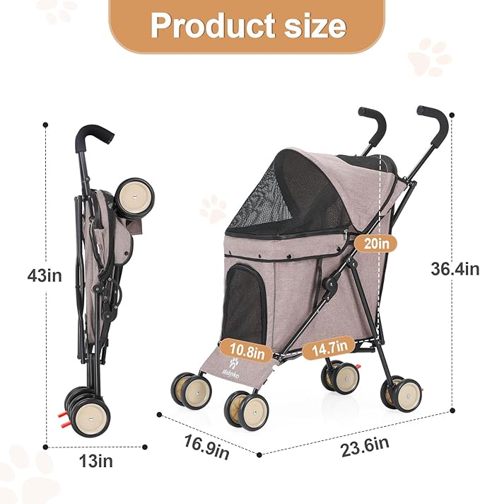 Umbrella Dog Stroller, 4 Wheels Pet Strolling, Foldable Carrier Pet Stroller for Small Dogs Cats, with Carrying Strap and Cup Holder, Dog Poop Bags & Dispenser, Up to 33 lbs, Coffee