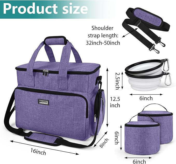 BAGLHER Dog Travel Bag, Airline Approved Pet Tote Organizer with Multi-Function Pockets, 2 X Food Storage Containers and 2 X Collapsible Dog Bowls, Perfect Weekend Pet Travel Set for Dog, Cat Purple