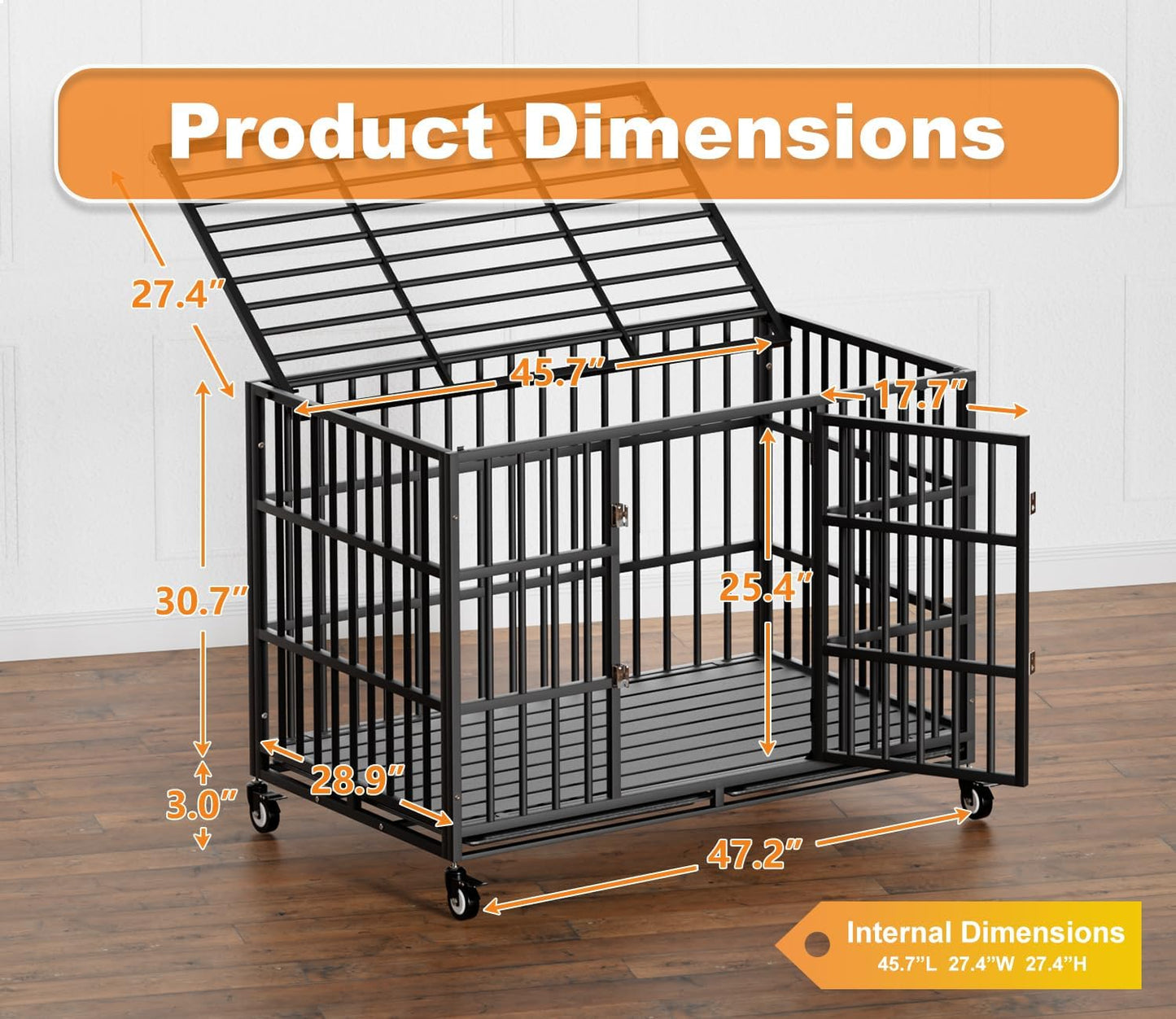 48 Inch Heavy Duty Dog Crate with Wheels,Indestructible Escape-Proof Dog Kennel with Locking Latch and Double Door,Extra Large XL XXL Crate Indoor for Large and Medium Dog with Removable Tray
