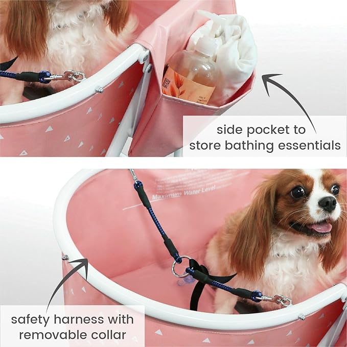 Little Dipper Dog Bath Tub and Wash Station for Bathing Shower and Grooming, Elevated Foldable and Portable, Indoor and Outdoor, for Small and Medium Size Dogs, Cats and Other Pet (Pink)