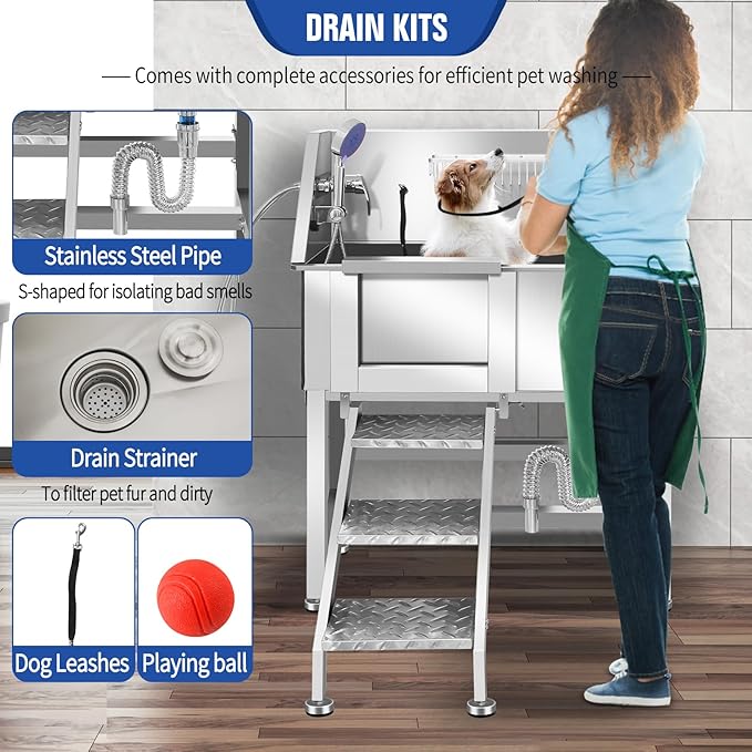 Professional Stainless Steel Dog Bathing Station, Dog Grooming Tub, with Stairs, Floor Grate & Faucet for Dog Bathtub for Large, Medium & Small Pets,34" L-RAMP